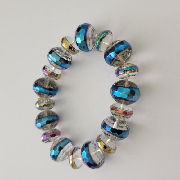 Vintage Czech Glass Stretchy Bracelet Twilight Skies AB Statement Retro - Picture 3 of 6